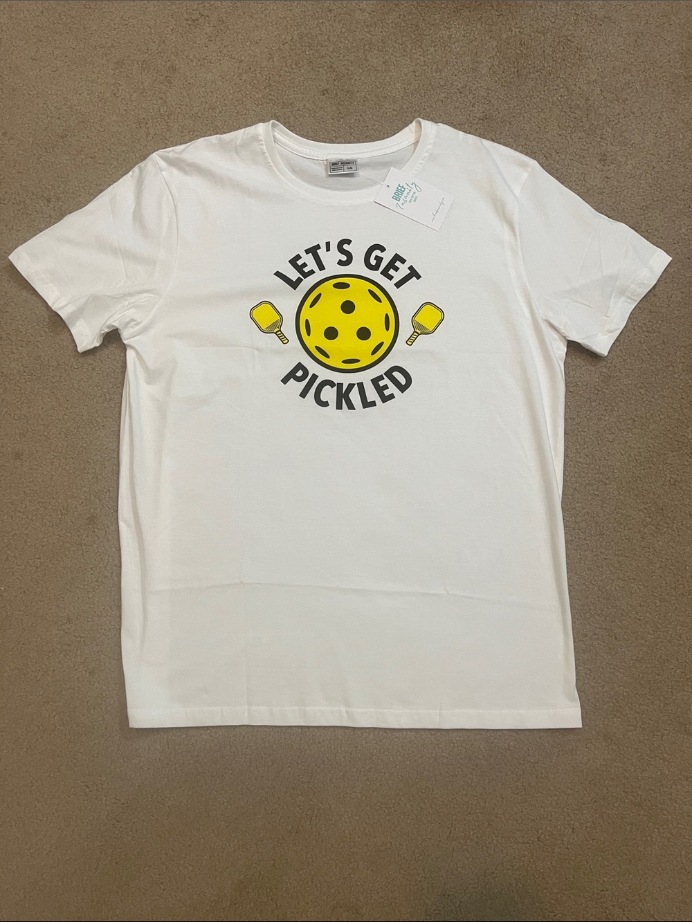 BRIEF INSANITY “Let's Get Pickled” White Short Sleeve T-Shirt, unisex size large